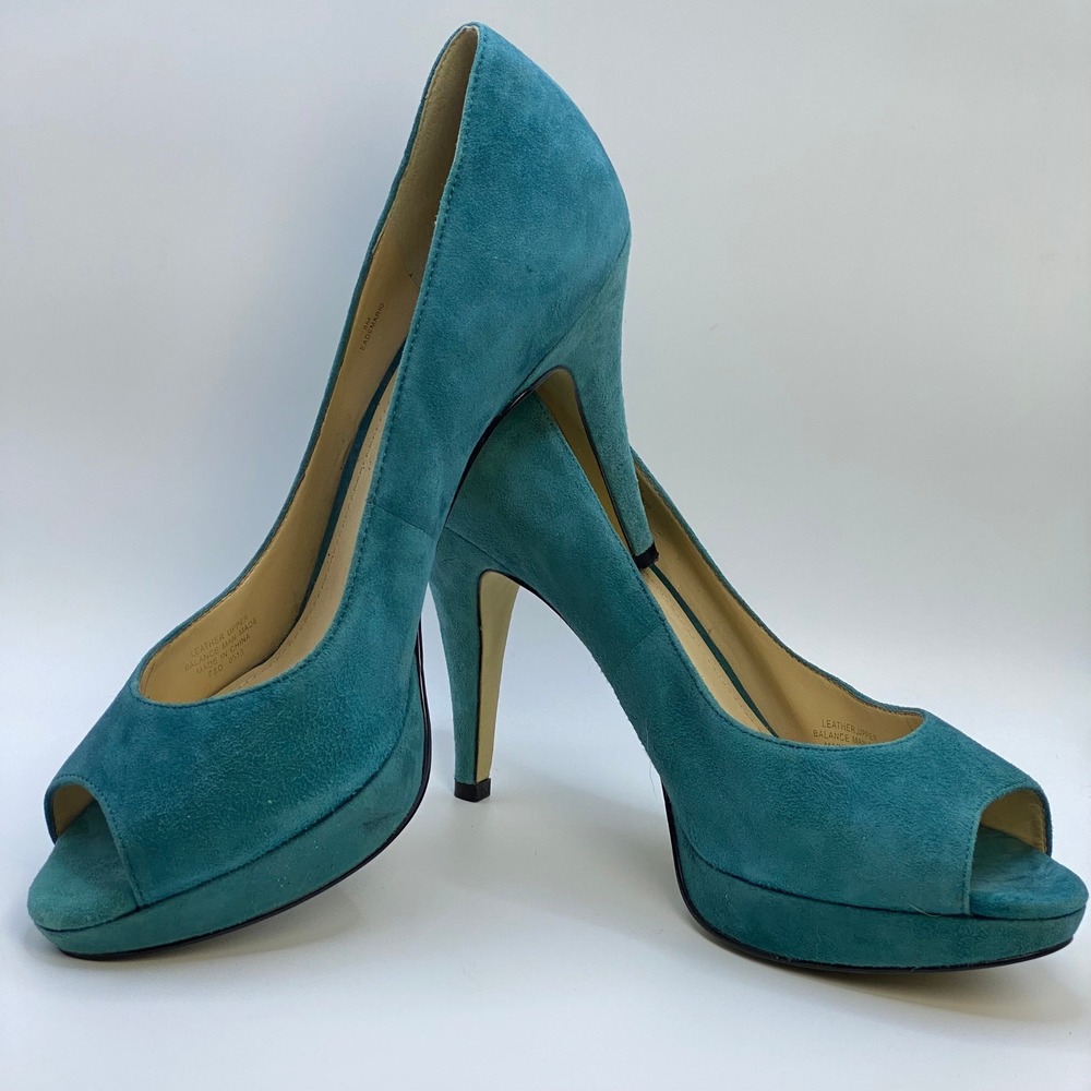 Y2K Enzo Angiolini Classic Teal Suede Peep Toe Platform Pump Stiletto Heels - 8